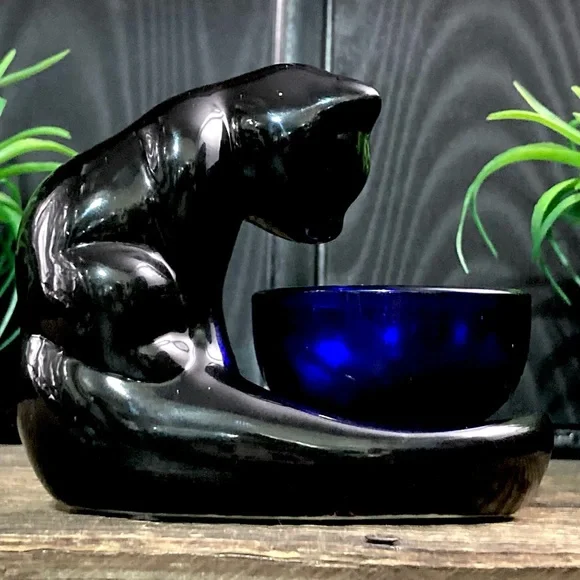Vintage Haeger Style Black Cat | Gazing Bowl | Art Glass Cobalt Bowl - Picture 1 of 13